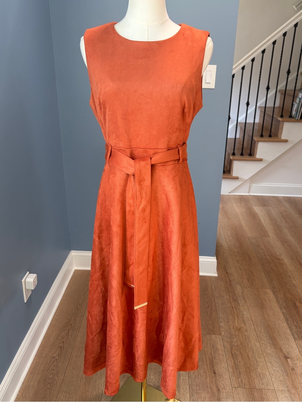 Calvin Klein Faux Suede Belted Midi Dress Rust Orange Size 10